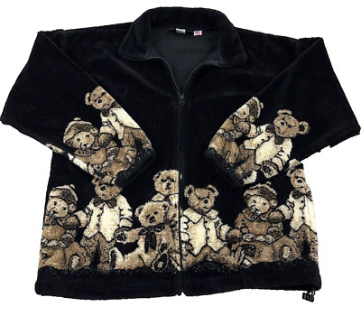 Vintage Cobblestone Canyon Fleece Sweater Jacket Teddy Bear AOP USA 90s All Over
