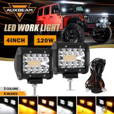 AUXBEAM Pair 4'' INCH LED Work Lights 6 Modes Amber White Strobe Fog Lamps