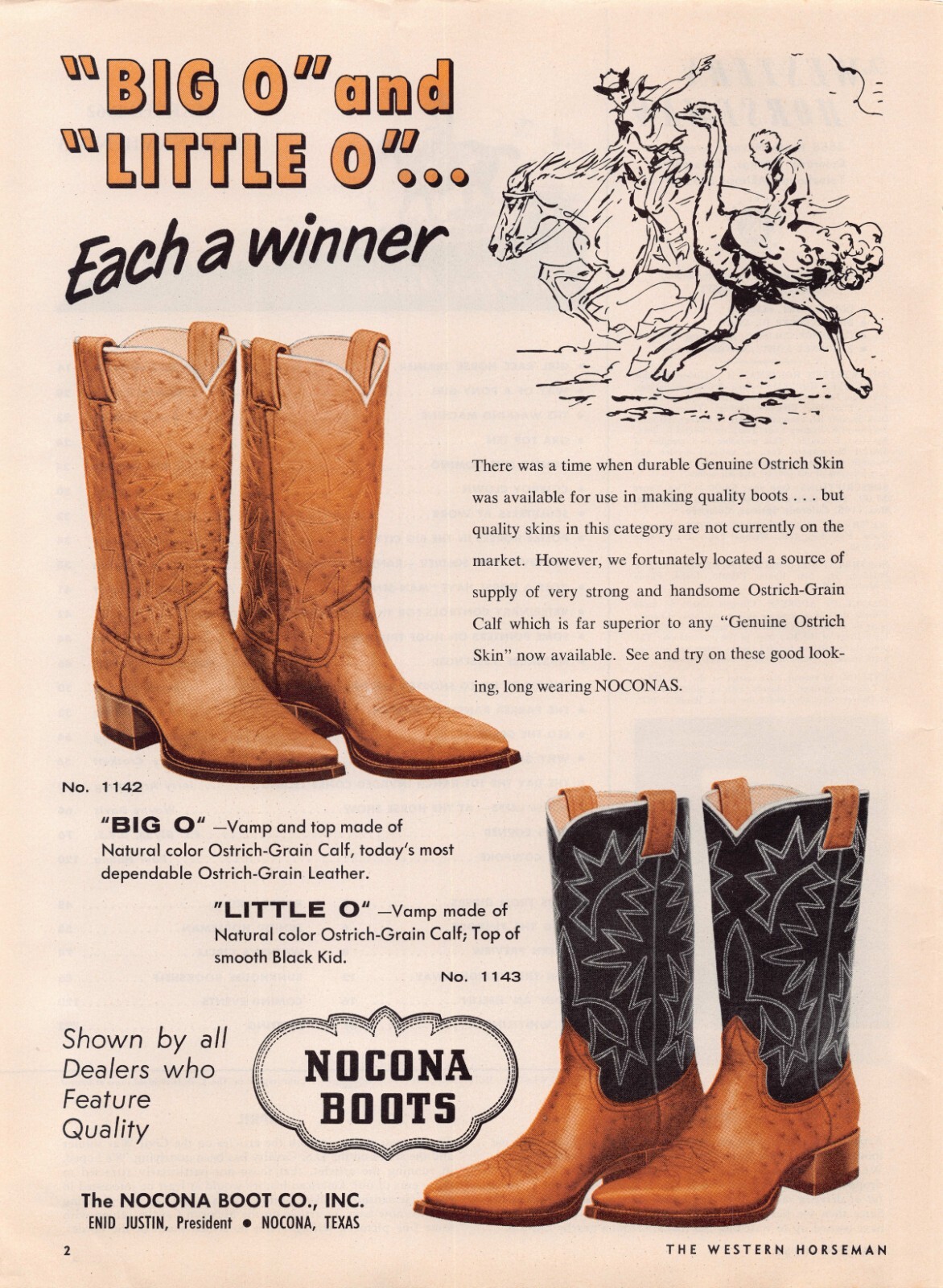 Ostrich Skin Nocona Boots Enid Justin President Big O Little O Vintage Print Ad