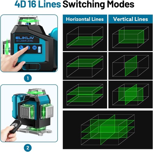 Elikliv 4x360 Green Laser Level 200ft Automatic Self-leveling 16 Line Cross Line - Picture 7 of 8