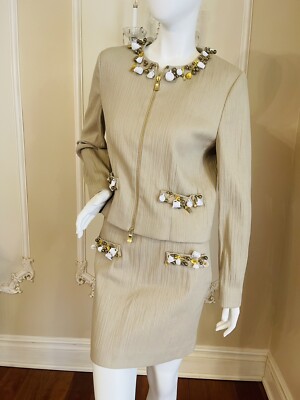 Moschino Boutique  Teapot Coffee Charm Gold Beige & Jacket Skirt Size 40 IT US 6