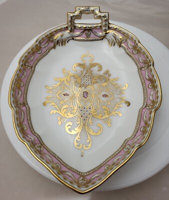 Antique KPM Berlin Handpainted Porcelain Pink Gold Lace Leaf Flower Design Dish 