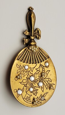 Vtg Gestempelt Hidden Heart Messing Kunstperlen & Strass Spiegel Form Brosche