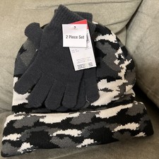Athletech Boys Camo Beanie Hat Grey Black Gloves Combo Kids New