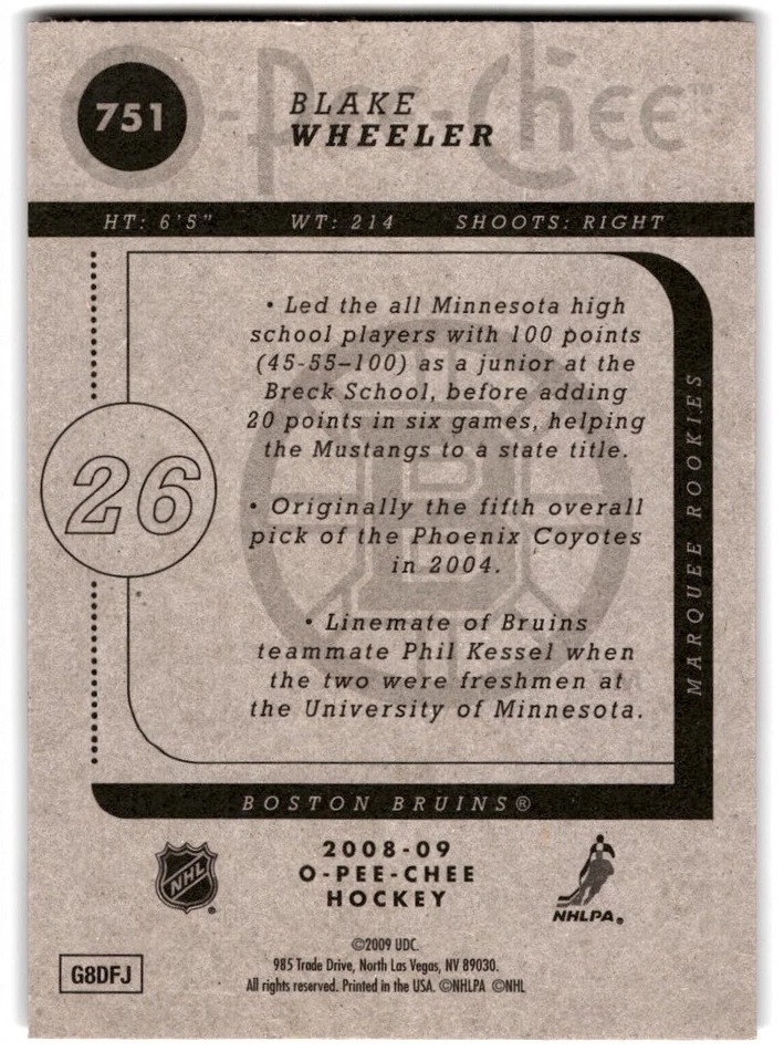 2008-09 O-Pee-Chee Blake Wheeler Rookie #751 Boston Bruins - Image 2 of 2