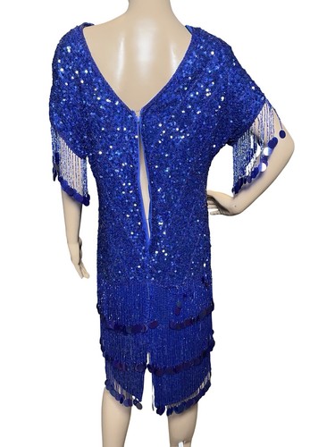 Neiman Marcus Cocktail Vintage Sequin Blue Fringe Beaded Formal Dress Medium - Picture 9 of 10