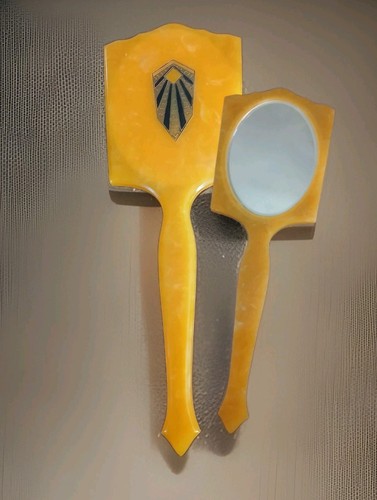 Art Deco Hand Mirror Crest Logo On Back 164