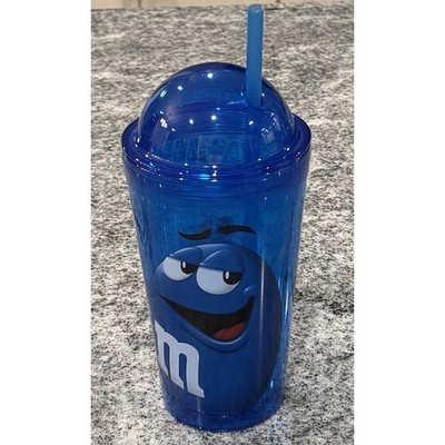 HTF-M&M s MM World-BLUE PLASTIC SLUSHY CUP/MUG Tumbler Round Dome Lid & OG Straw