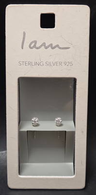 ''I Am'' Sterling 925 Silver Cubic Zirconia Globe Round Stud Earrings NEW IN BOX