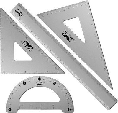 Metal Geometry Kit - 4Pack Set Square, Protractor, Aluminum Ruler, Drafting Tria
