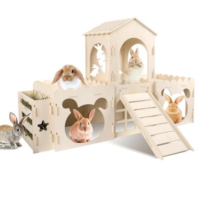 Extra Large Rabbit Castle, Wooden Bunny House & Hay Feeder, Detachable Rabbit...