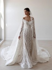 Detachable Train Beaded Long Wedding Dress Romantic Off Shoulder Bridal Gown