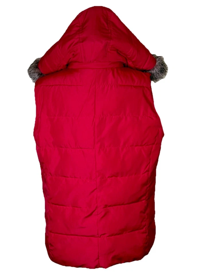 Women’s Red Puffer Vest Faux Fur Hood Winter Outdoor Holiday Cozy Cabin Sz Lg - Image 3 of 4