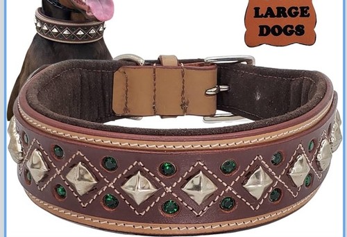 Large Dog Padded Leather Collar 20”- 23” Neck Studded Crystal Western