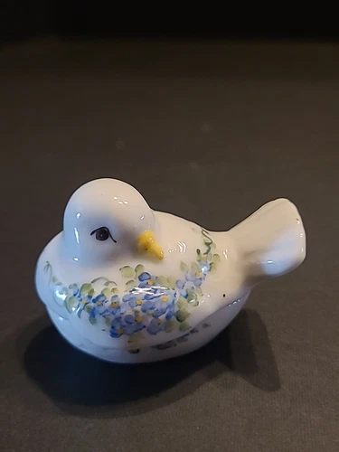 Nancy Gribble Signed Blue Flower Bird Sparrow Ring Dish Trinket Box EUC