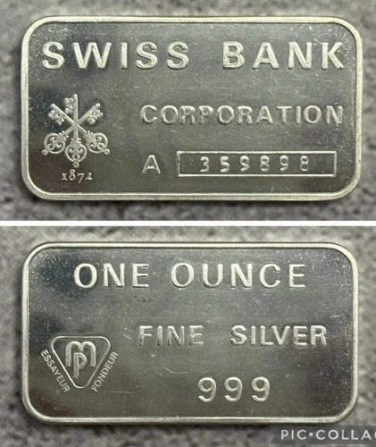 Vintage MP Metalor SWISS BANK CORPORATION 1 OZ-T .999 Fine Silver Bullion Bar