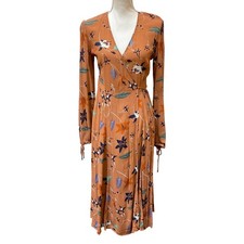 Urban Outfitters Floral Print Wrap Midi Dress Women's Size Small Tan
