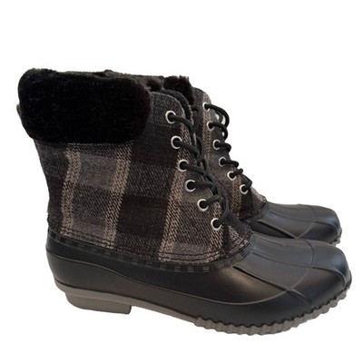 Duck Boots Womens Waterproof Winter Boots Quilted Snow Black Gray Plaid Size 7