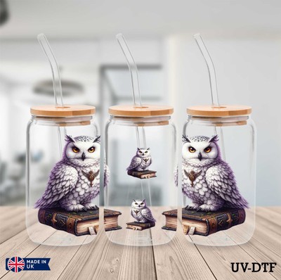 Aquarell weiße Eule UV DTF Aufkleber - 16 Unzen Libbey Dose Glasfolie zp783