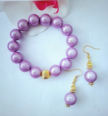 Sylvie's Magic Beads 3D Perlen 14 mm Armband 18 cm + Ohrringe flieder gold/0187