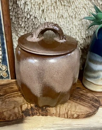 VTG FRANKOMA Pottery Speckled Brown Satin TEA Canister Jar Neutral Art Deco USA