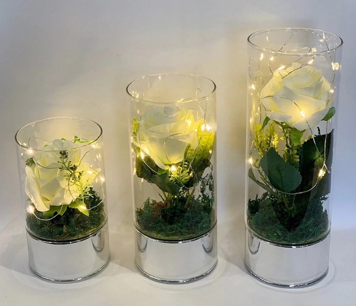Glass Vase With Led String Lights Artificial White Rose Flowers Wedding Decor