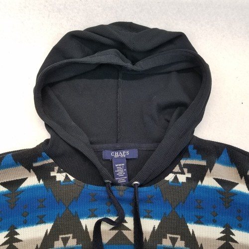 Chaps Shirt Top Womens Medium Blue Black Hooded Aztec Drawstring - Picture 8 of 12