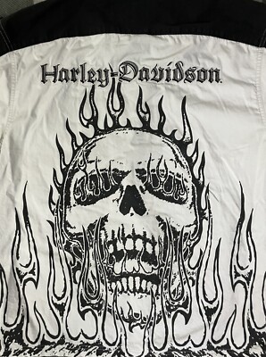 Harley Davidson Shirt Mens Large Skull Flames Mechanic Spellout Workwear Patch