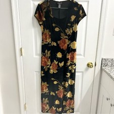 Vintage Velvet Floral Maxi Dress Dark Romantic Whimsygoth Large Short Sleeve