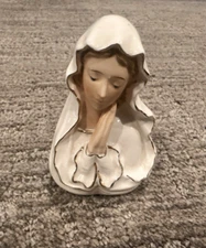 ARTMARK MADONNA VIRGIN MARY PRAYING WHITE GOLD CANDLE HOLDER VASE JAPAN MCM EUC