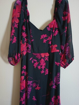 Premier Amour 3/4 Sleeve Floral Maxi Dress in Black Red Fuchsia