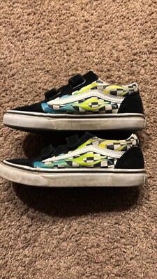 Vans Off the Wall Sneakers Blk/Wht Checkers w/ Flames & Hook And Loop Kids Sz 3