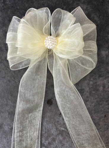  Bouquet Handle  Bridal Organza  Ribbon bow with tails pearl centre  - Afbeelding 1 van 2