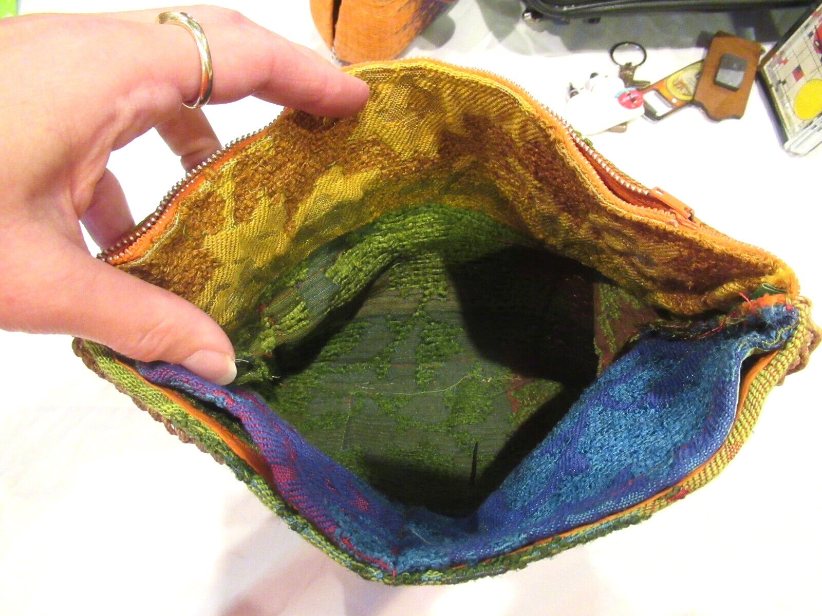 Green brocade hippy purse, handmade 1970s - image 9