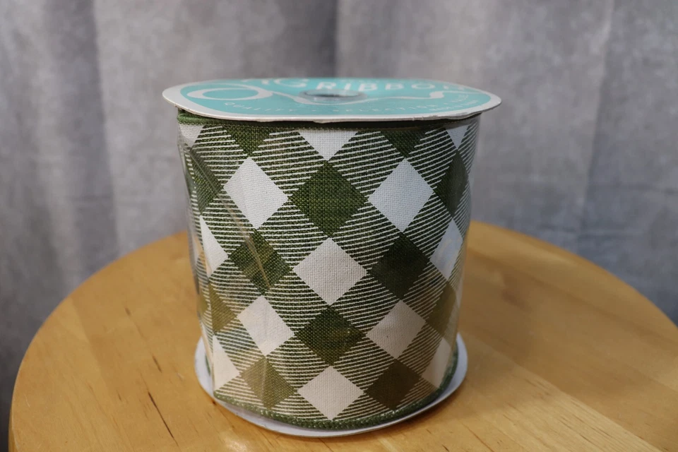 RG Really Great Ribbon Green White Checker Print Spool New Sealed - Image 2 of 2