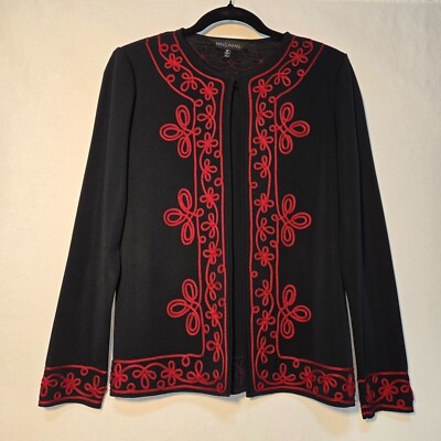 MING WANG Elevated Basic Black Red Embroider Stretch Cardigan Size M New NO Tag!