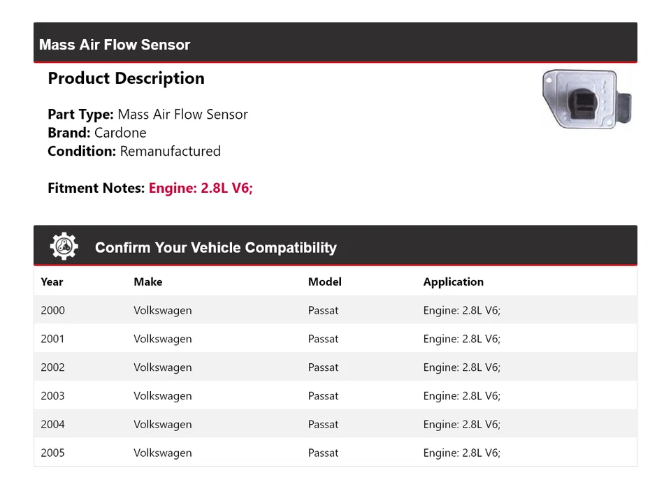 For 2000-2005 Volkswagen Passat 2.8L V6 Mass Air Flow Sensor Cardone 2001 2002 - Image 2 of 4