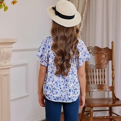 Blibean Girl Summer Blouse Short Sleeve Shirt Ruffle Top 10-11 Years XL, Blue - 第 3/6 張圖片