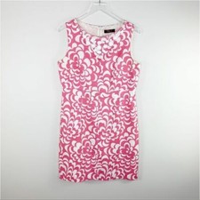 Eliza J Pink White Linen Blend Floral Sleeveless Sheath Dress w/White Beading Lg