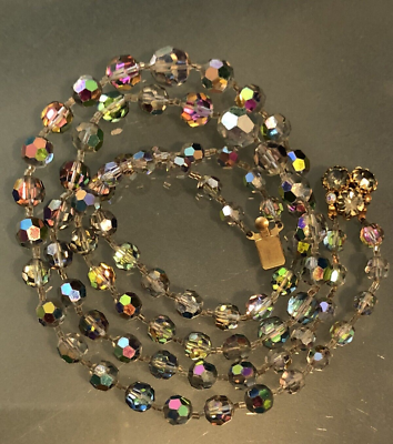 Ancien Collier à Facettes Irisées Multicolore - 2 Rangs - Occasion Vintage