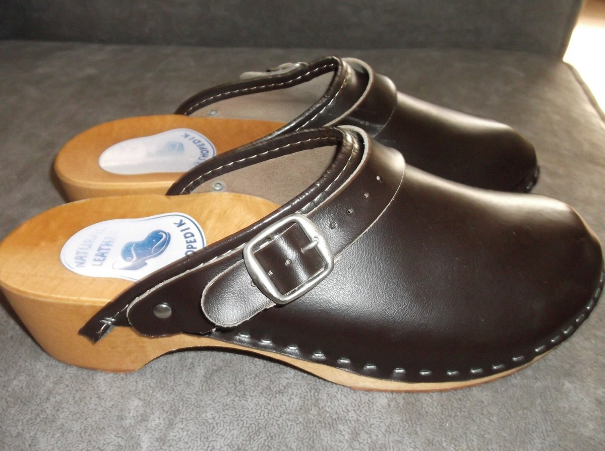ORTHOPEDIK Natural Leather Swedish Wood Clogs Mules 39 EU US