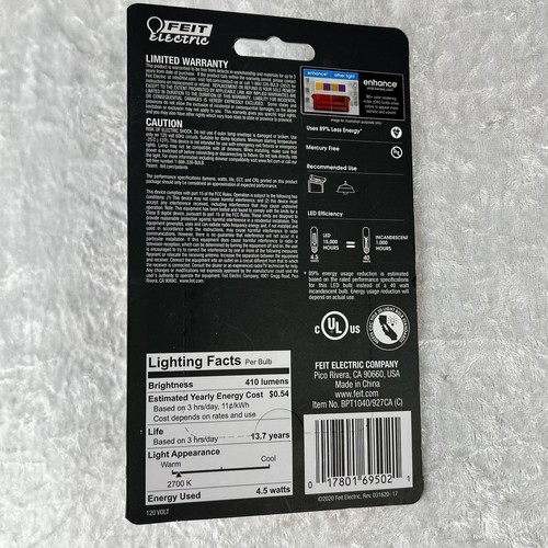 Feit Electric 4.5w LED - BPT1040/927CA - E26 Base - Soft White T10 Bulb - New - Picture 2 of 2