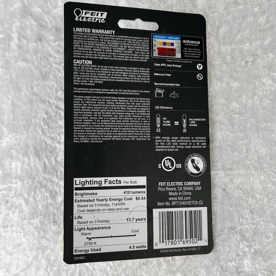 Feit Electric 4.5w LED - BPT1040/927CA - E26 Base - Soft White T10 Bulb - New - Image 2 of 2