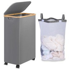 110L Grey Rolling Laundry Hamper Clothes Basket With Wheels Lid Inner Bag