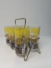 Mid-century Modern Tumblers In A Brass Carrier. Set of 6