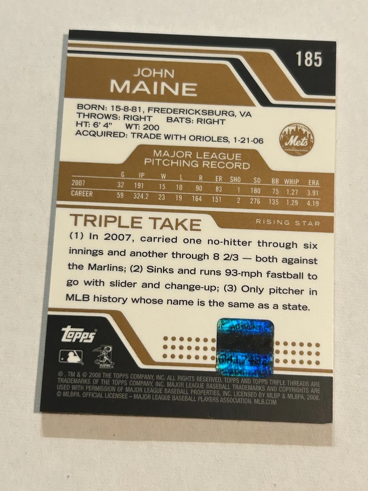 2008 TOPPS Triple THREADS JOHN MAINE 38/75 RISING STAR 贴片亲笔签名 METS SP — 第 2/2 张图片