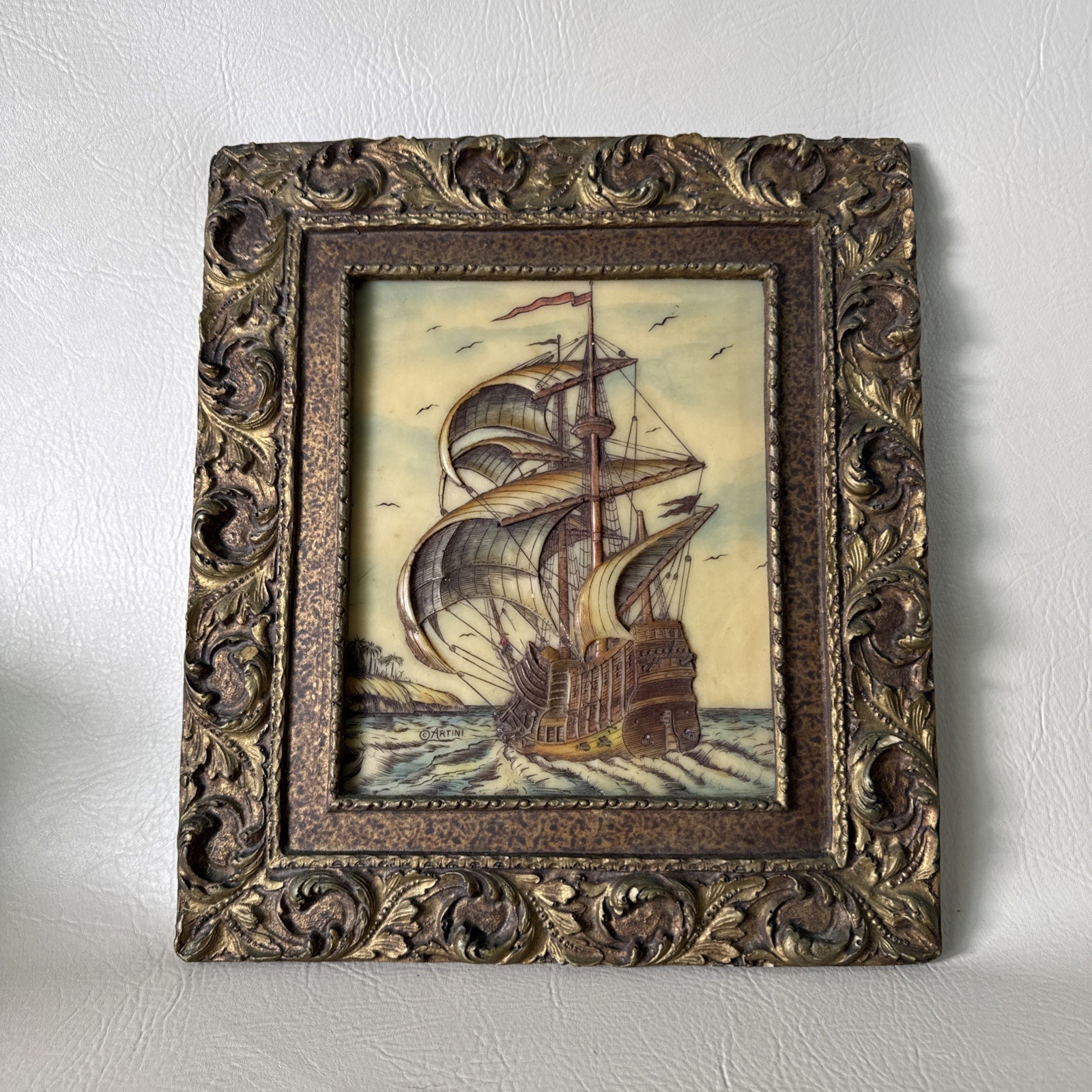 Vintage Artini Etched Engraving Painting Framed Nautical Clipper Ship