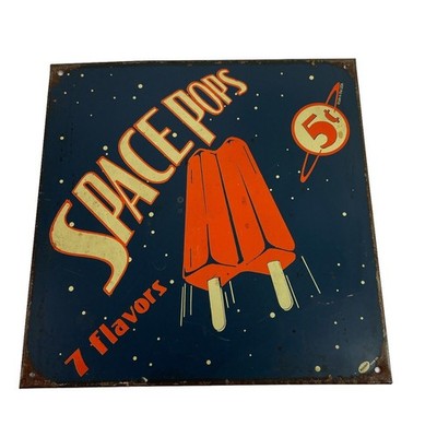 Vintage Marty Mummert Tin Metal Sign Space Pops 7 Flavors