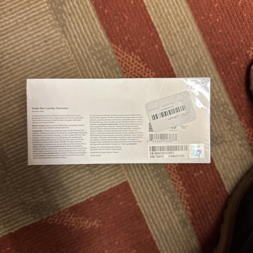 Google T3007ES Nest 3rd Gen Learning WIFI Thermostat Stainless Steel New sealed - Image 2 of 3