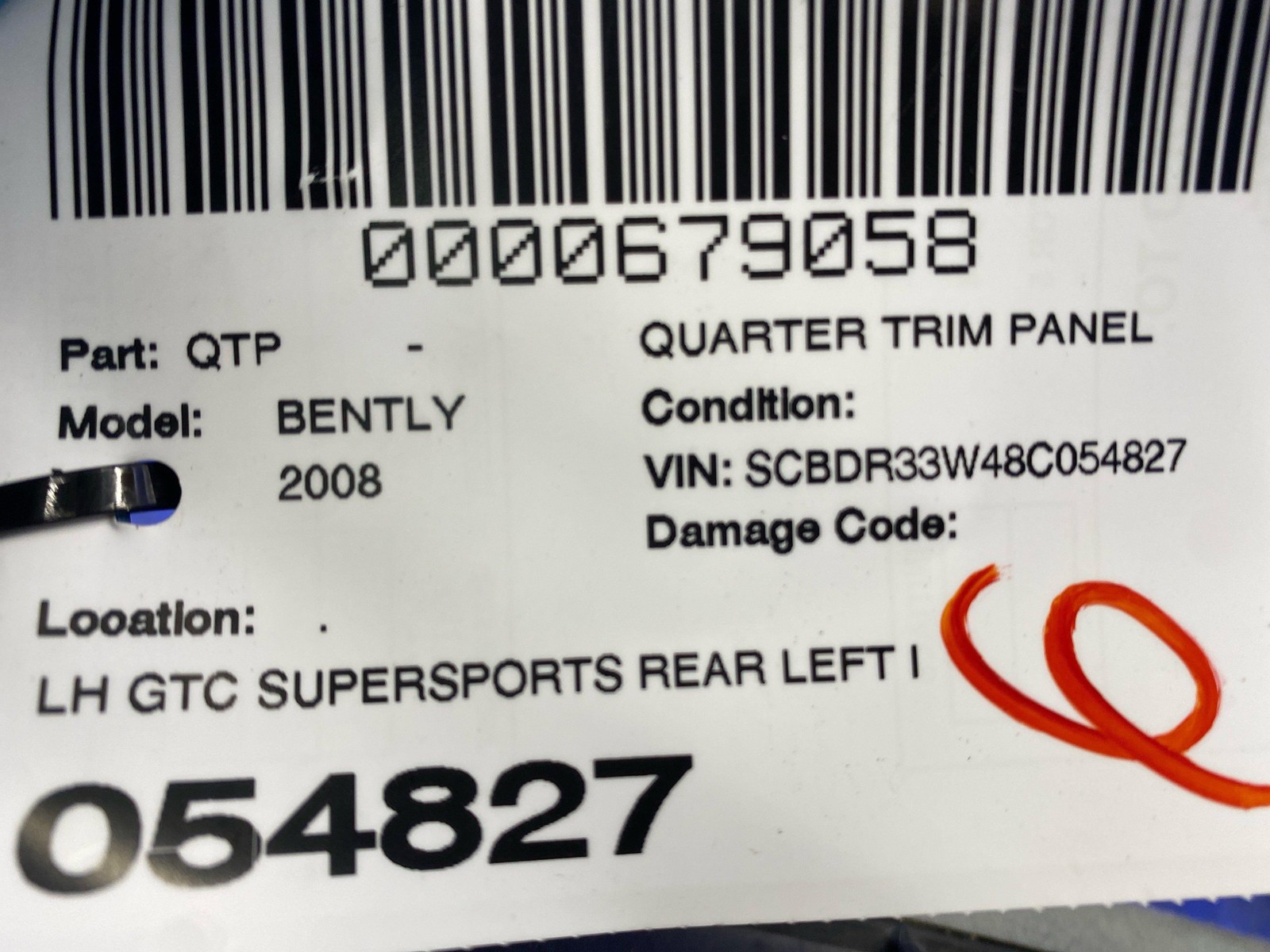 2006-2013 BENTLEY CONTINENTAL GTC REAR LEFT INTERIOR QUARTER TRIM PANEL *STAINS*